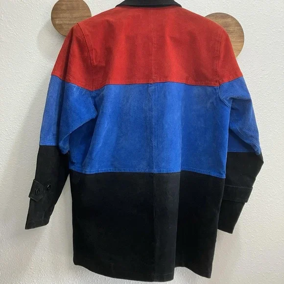Vintage 80s 100% Leather Suede Parka Coat Tri Color Block Fully Lined Medium